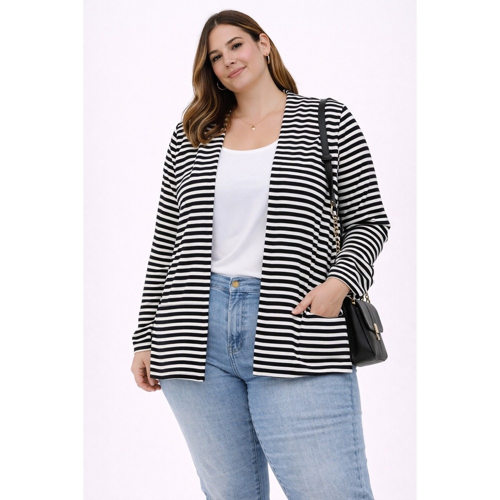 Have Striped Blazer Women XL Black White Ruched 3/4 Sleeve Open Front Career